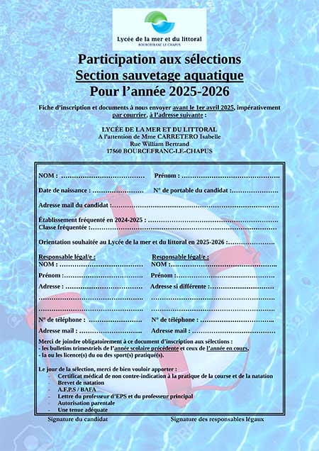 inscription option sauvetage nautique 2025 2026 lycée de la mer et du littoral