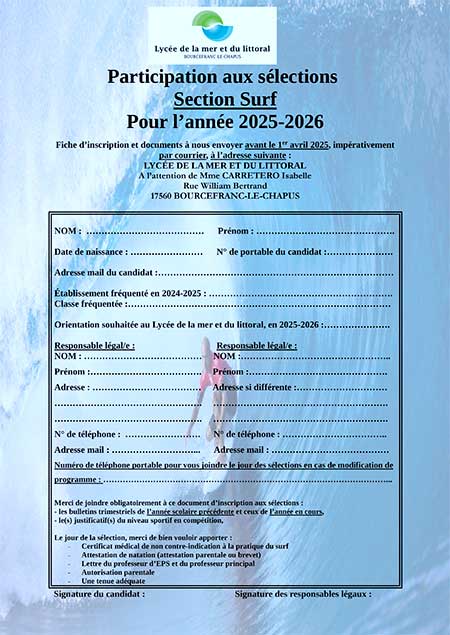 inscription option surf 2025 2026 lycée de la mer et du littoral